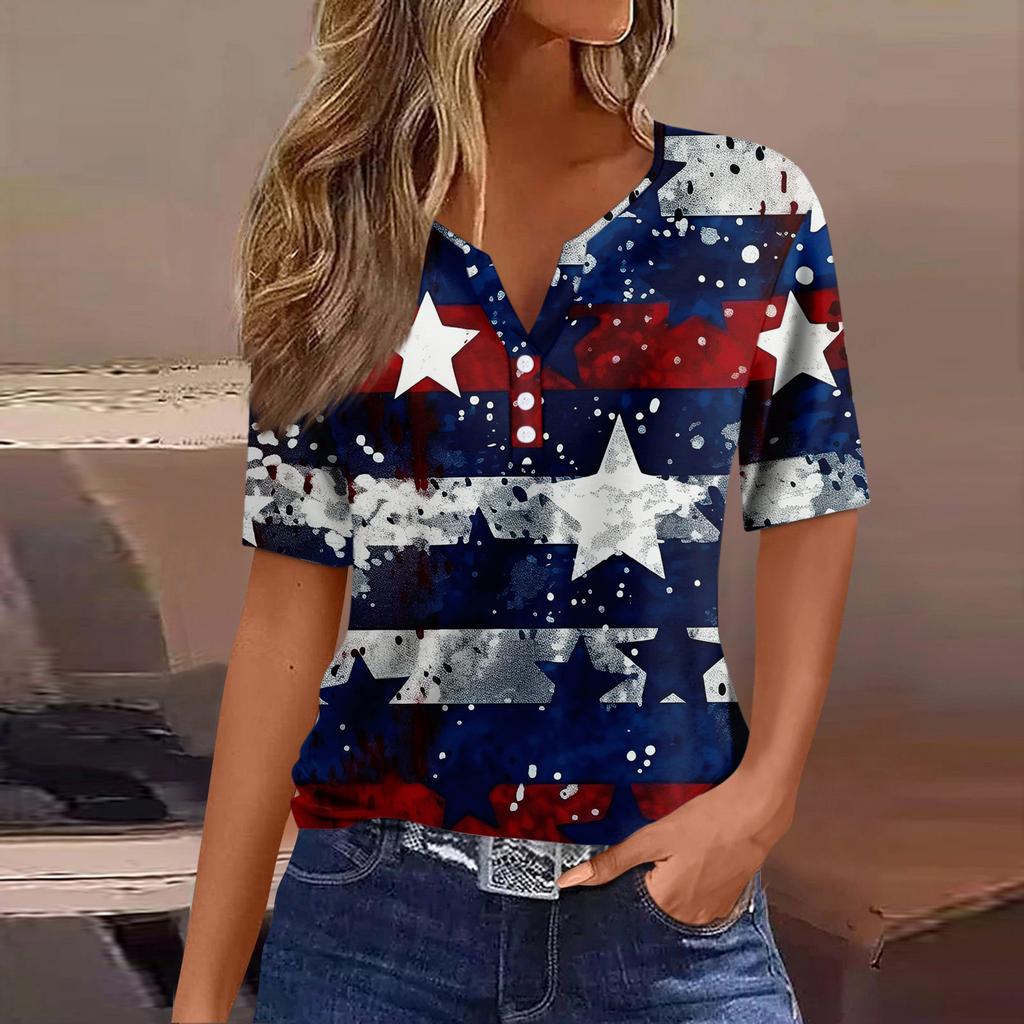 Lässiges T-Shirt für Damen zum Unabhängigkeitstag, bedruckt, V-Ausschnitt, kurzärmlig, mit Knöpfen