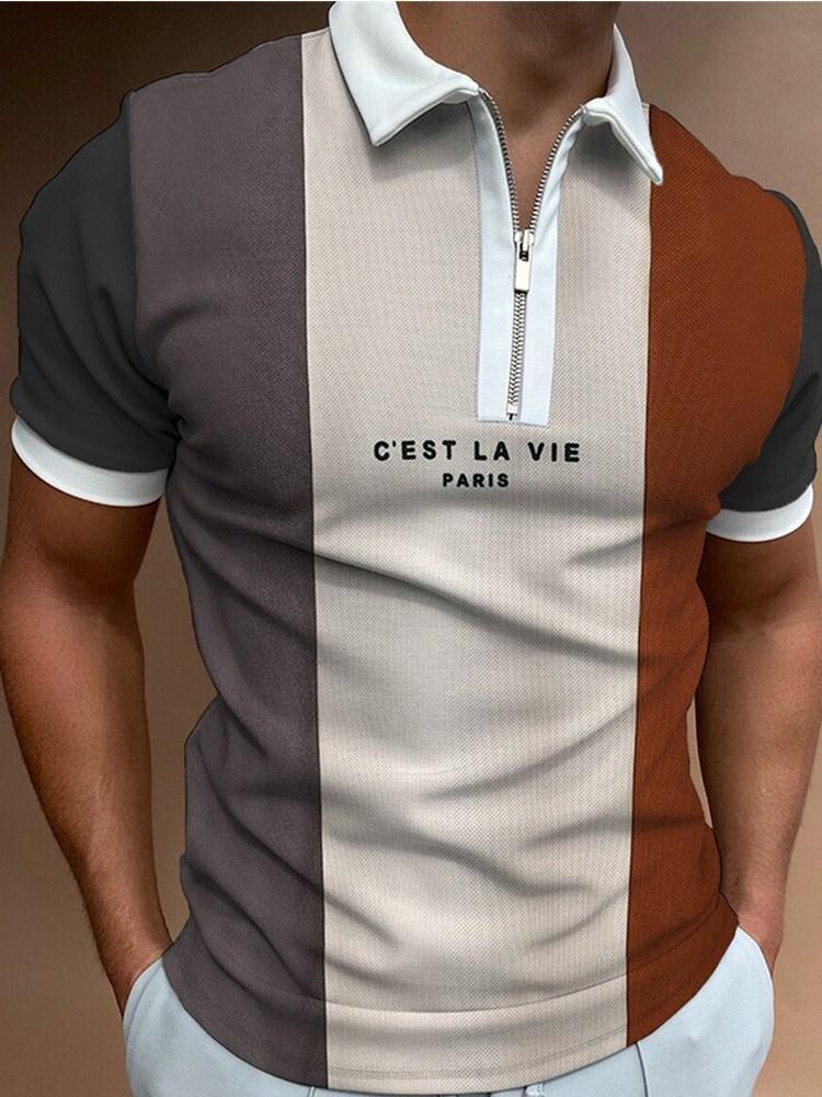 Men S Short Sleeve Polo Shirt Color Block Zip Detail Loose Fit Casual Top