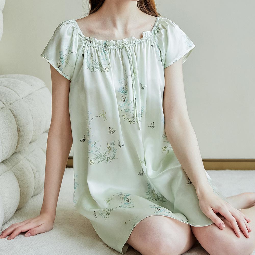 Women's Summer Short Sleeve Printed 100% Mulberry Silk Pajama Dress - Mid-length, Plus Size, Loose-fit Nightgown