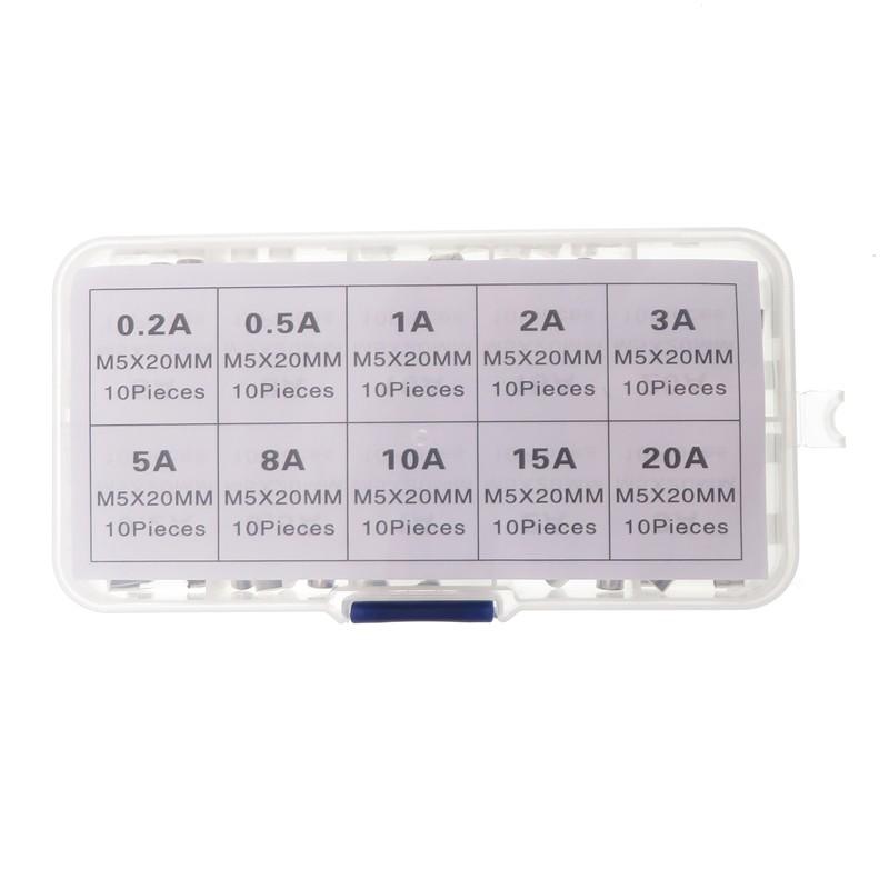 100pcs 5x20mm fast blow glass tube fuse set assorted kit