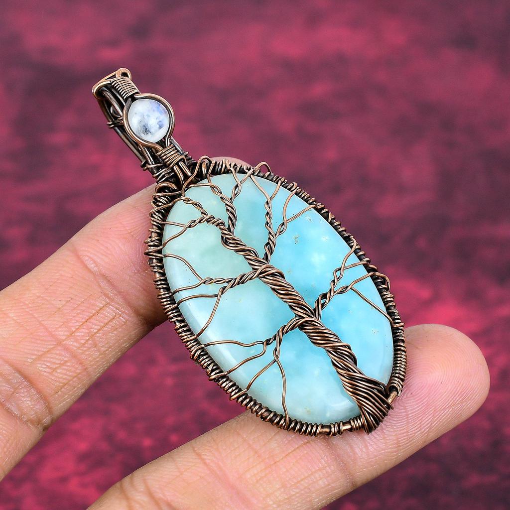 Tree Of Life Hemimorphite Pendant Copper Wire Wrapped Rainbow Moonstone Pendant
