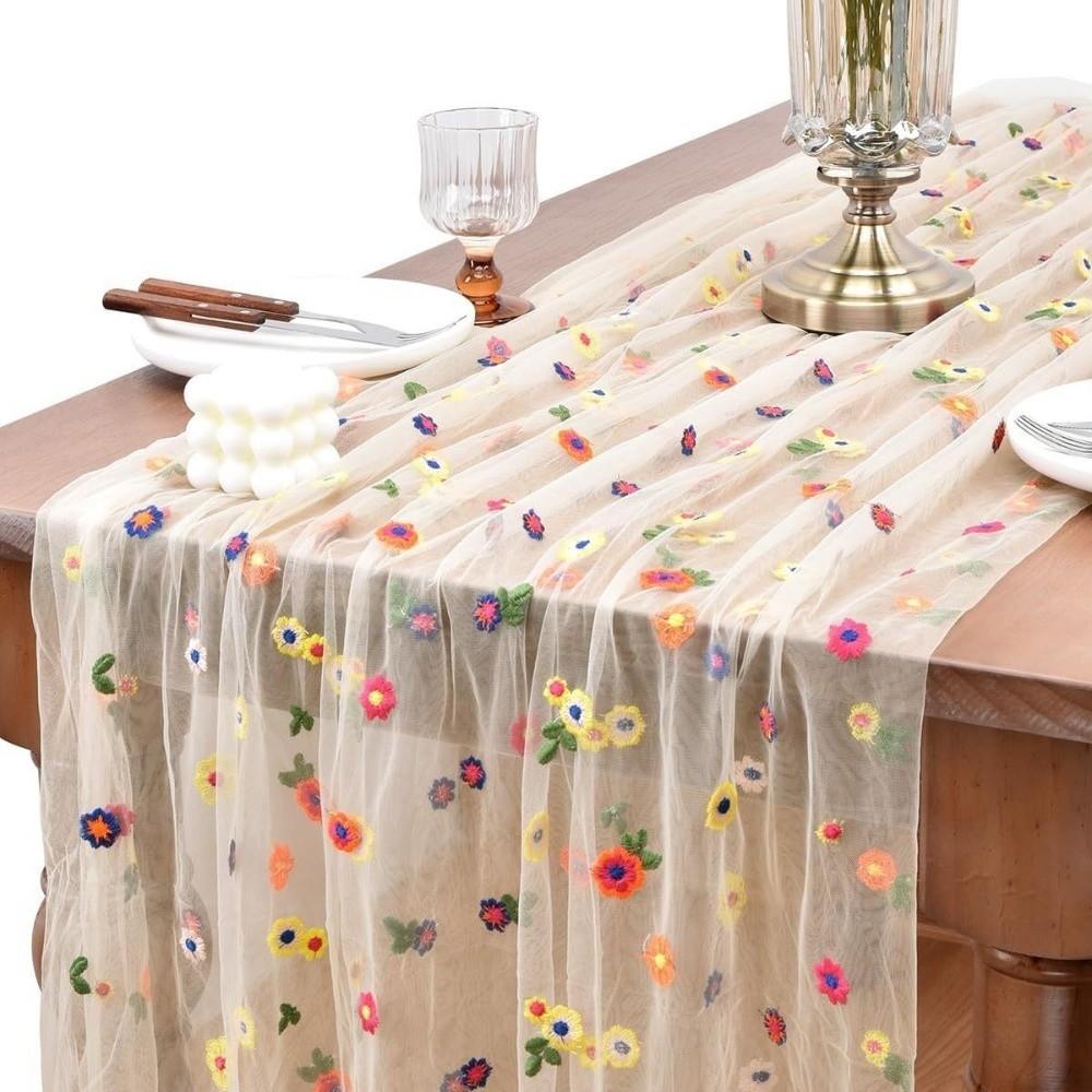 Semi-Transparent Tulle Table Runner Boho Floral Tablecloth Embroidery Daisy Table Runner  Party