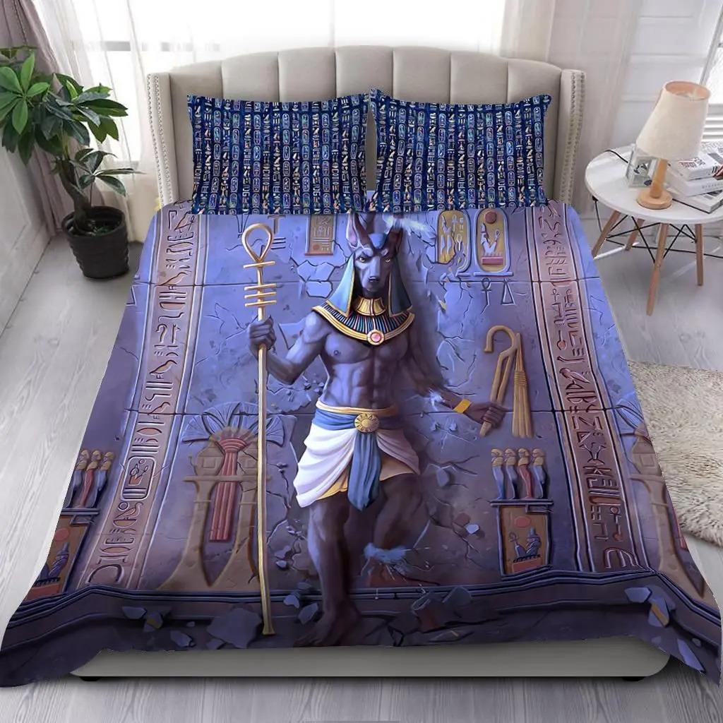 Égypte Antique Anubis Housse de Couette Ensemble Symbole Égyptien Culture Ensembles de Literie Vintage Pharaon Pyramide Boho Tribal Housse de Couette Queen