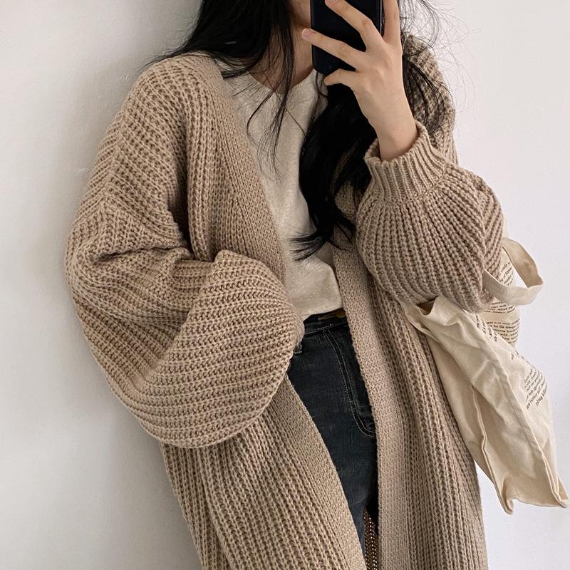 2024 Autumn/Winter Women's Korean Ribbed Knit Cardigan with Lantern Sleeves - Solid Color, Lazy Style Trend