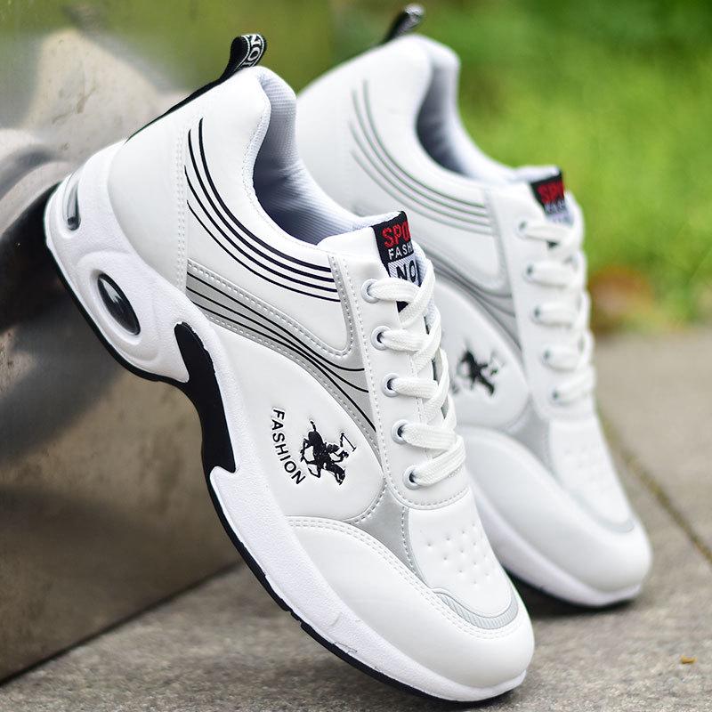 Men's White Sports Shoes: Air Cushion, Breathable, Non-Slip Leather, Trendy Casual Footwear for Autumn.