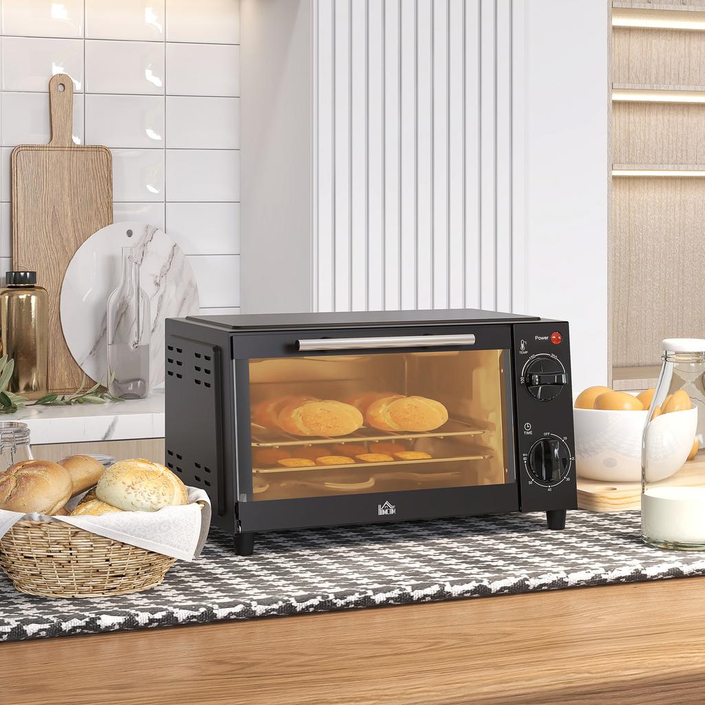 Mini Oven, 9 Liter Capacity, Adjustable Temperature and Cooking Time, with Grill Rack and Baking Tray, Black