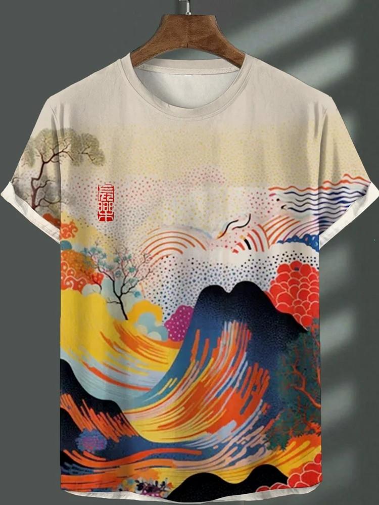 Herren Japanische Ukiyo-E Bedruckte T-Shirts Kurzarm Tees Tops 3D-Druck O-Ausschnitt Shirt Sommer Lässig Herrenbekleidung