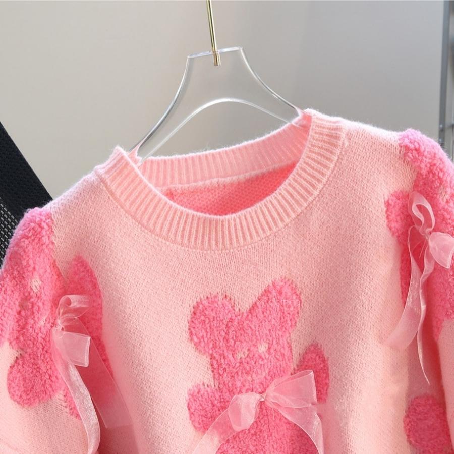 Autumn New Small Bear Fluffy Velvet 3D Bow Set Loose Knit Sweater Women Sweet Style Knit Top