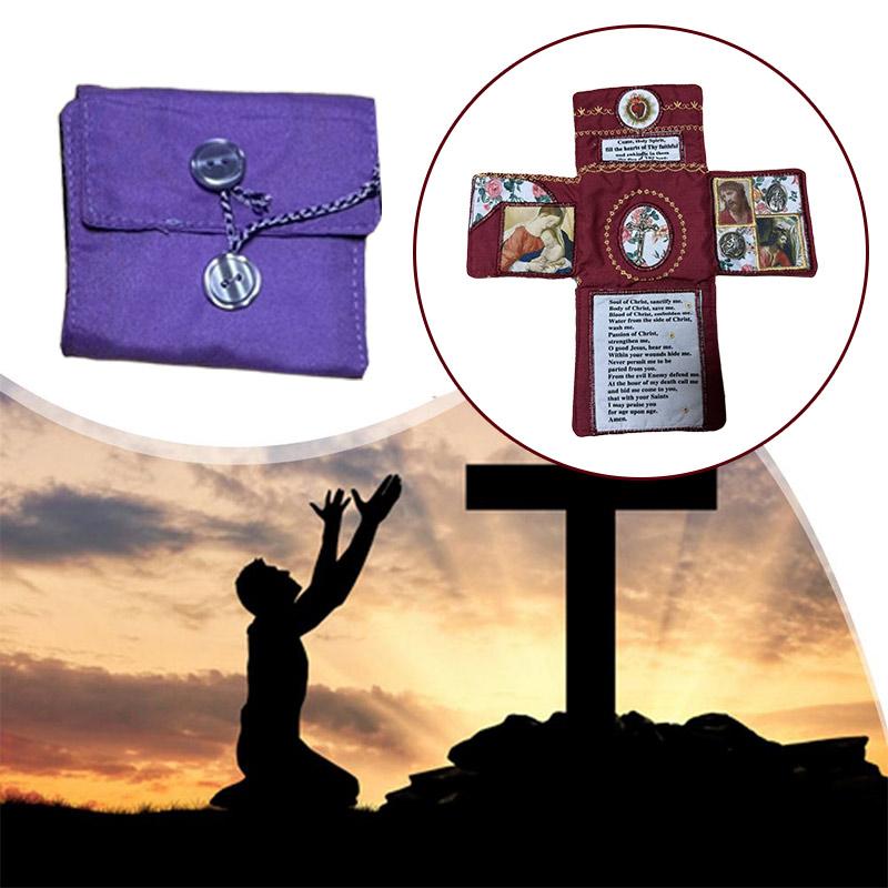 Santuario Tascabile Artigianale Con Croce Inclusa All'interno Sacca in Tessuto Croce della Fede Tasca da Cucito Set da Viaggio Con Immagini di Santi Preghiere