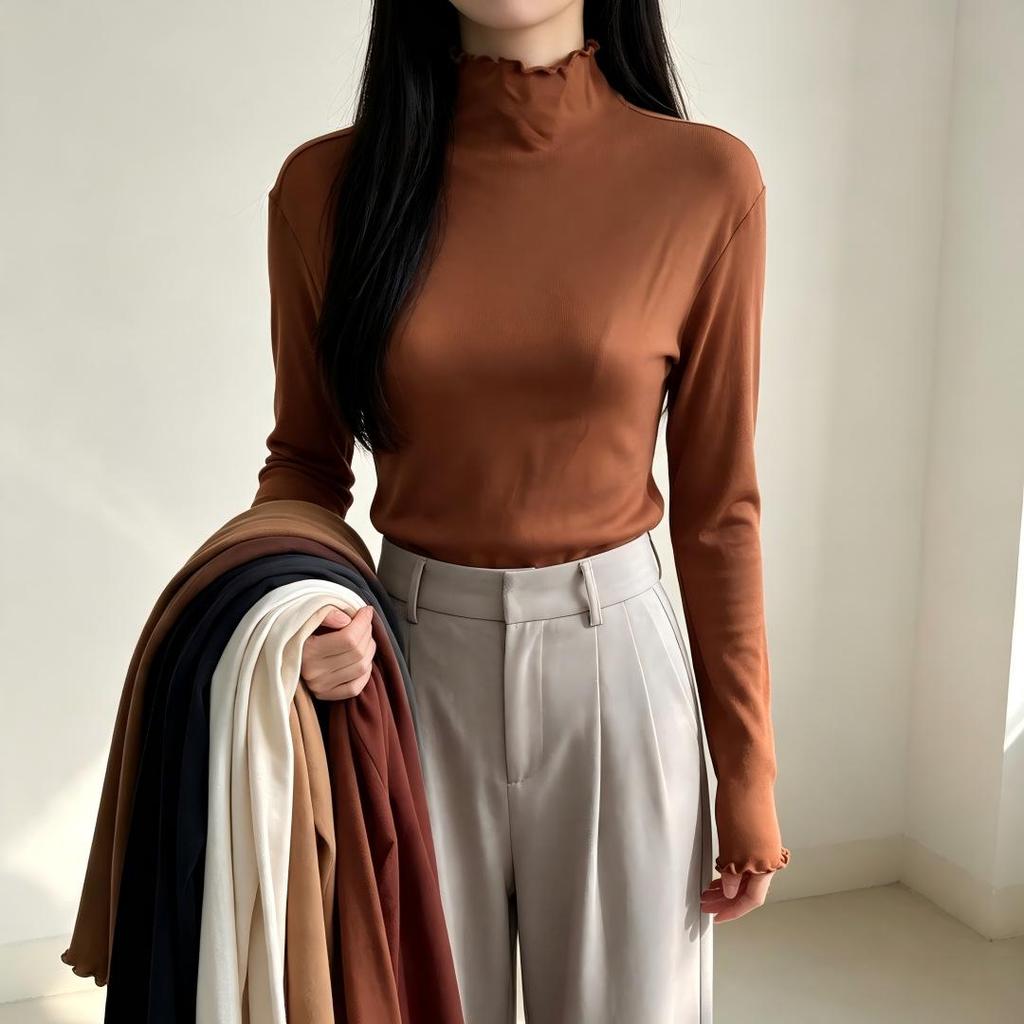 Women's Long-Sleeve T-Shirt: New Autumn/Winter Korean Style, High Neck, Slim Fit, Flattering with Ruffled Hem – Ideal Base Layer.