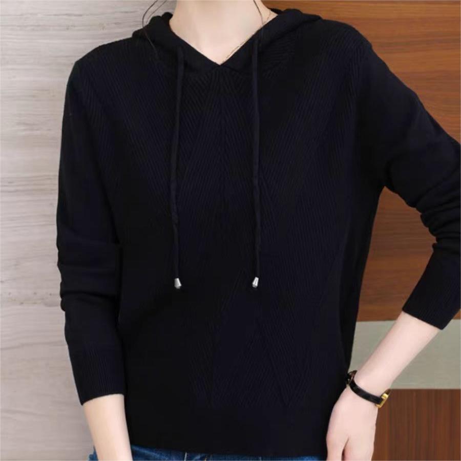 Twill Pullover Sweater Women's 2025 Fashion Casual Loose Solid Color Front Shoulder Hooded Sweater Knitted Spring Girl
