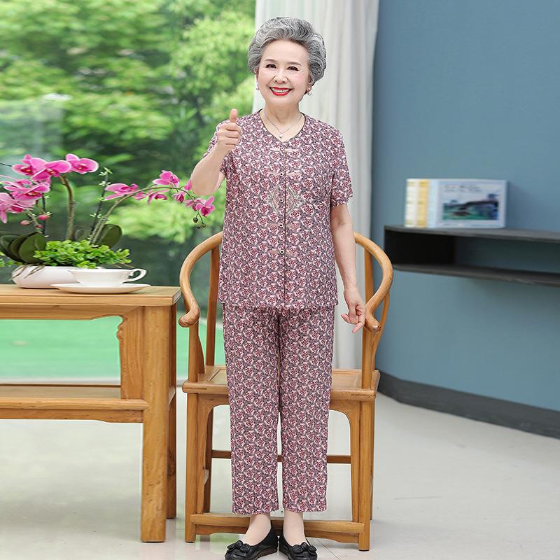 

Grandma s Summer Cotton Silk Two-Piece Set: Plus-Size Short Sleeve Top & Pants for Women 4XL (recommended 135-150 jin)