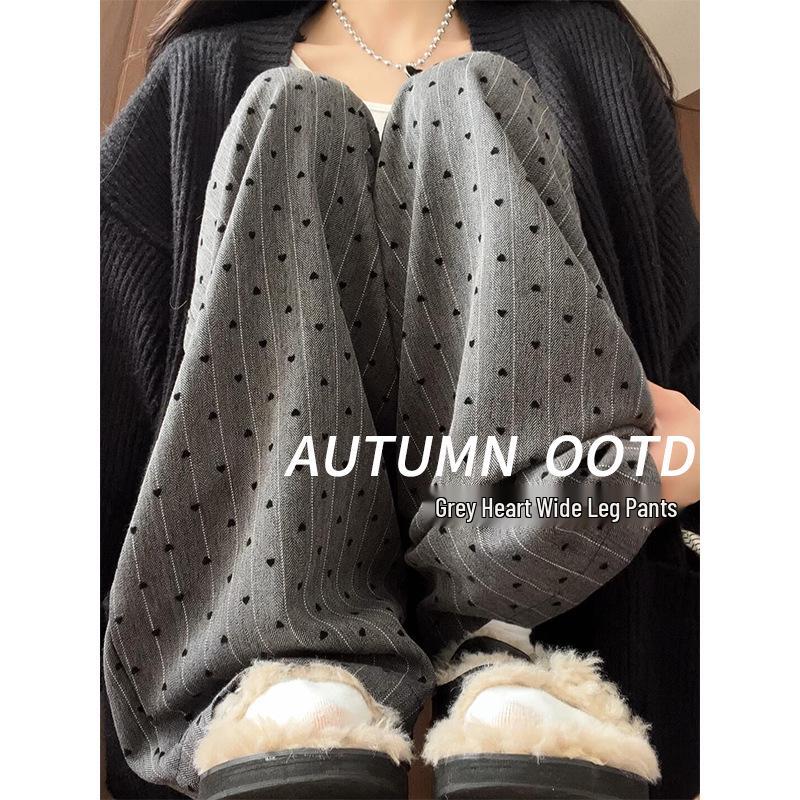 BF Lazy Style Gray High-Waist Wide-Leg Heart Pants for Women Summer 2025 - Casual Sports Floor-Length Straight-Leg Design