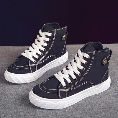 Damskie buty płócienne Wysokie trampki na płaskiej podeszwie dla kobiet Czarne trampki Wulkanizowane buty Płócienne trampki Platforma Casualowe buty do skateboardingu