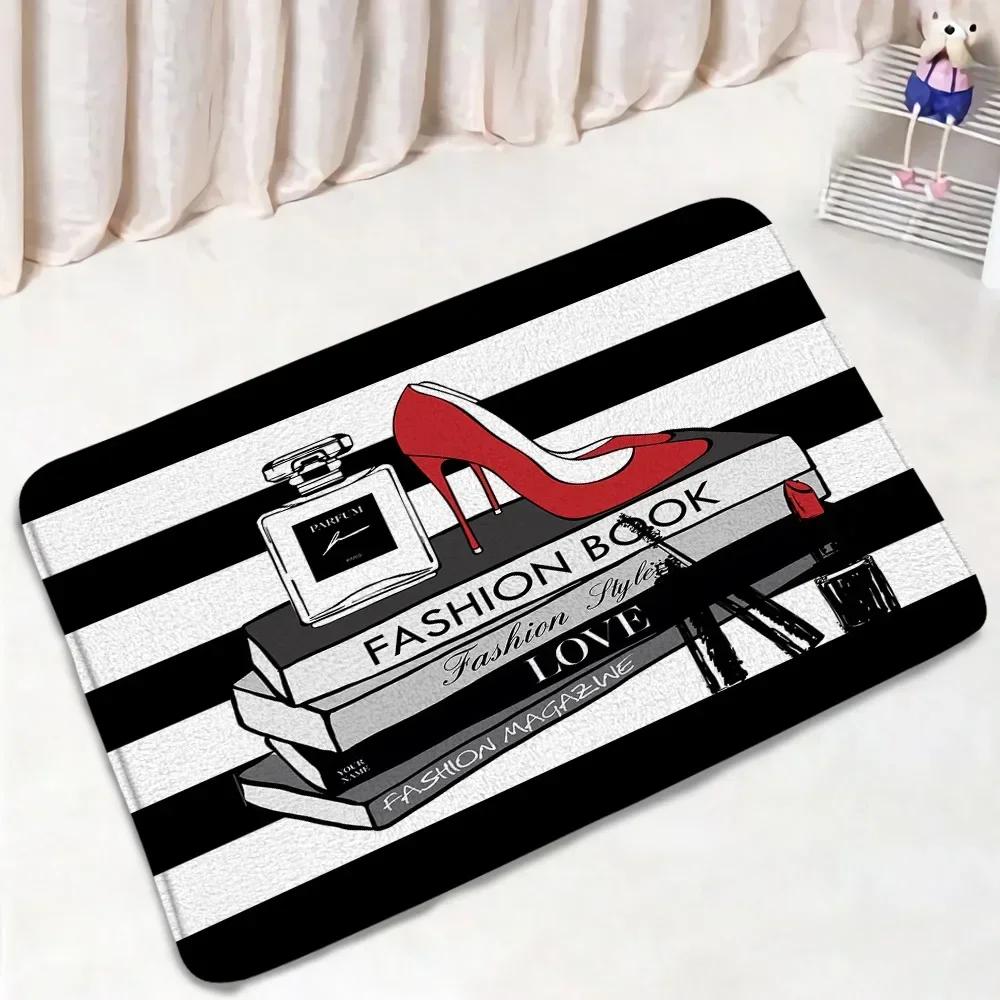 Pink Perfume Bath Mat Set Black White Striped Fashion High Heel Woman Girl Home Carpet Bathroom Decor Non-slip Rug Toilet Cover