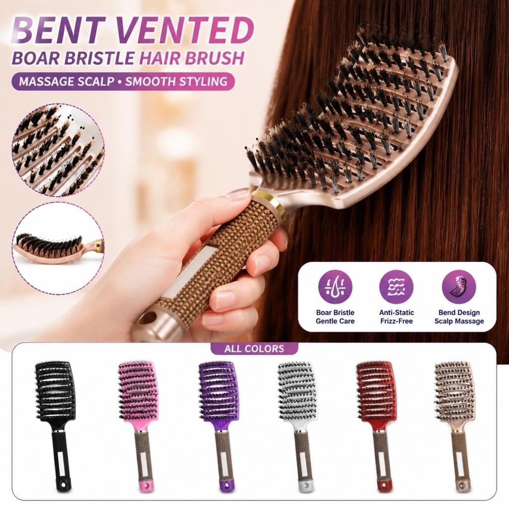 Curved Paddle Hair Brush with Boar Bristles Anti Static Detangling Styling Brush for Straight and Curly Hair Plastic Handle Nine Row Massage Comb