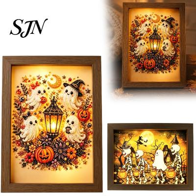 Decorative Desktop Night Lights Ghost Photo Frame Lamp, Halloween Lighted Shadow Box, Unique Skeleton Gift Ideas Gothic Table Centerpiece for Bedroom