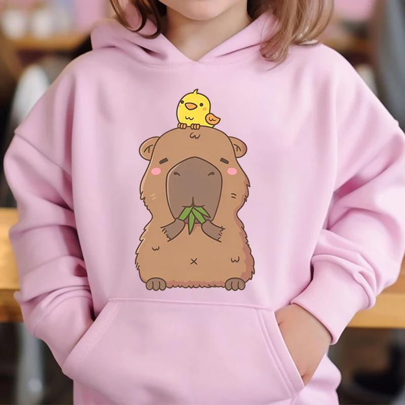 Cute Capybara Loves Bubble Tea Children's Hoodie Pink Autumn and Winter Girl's Top