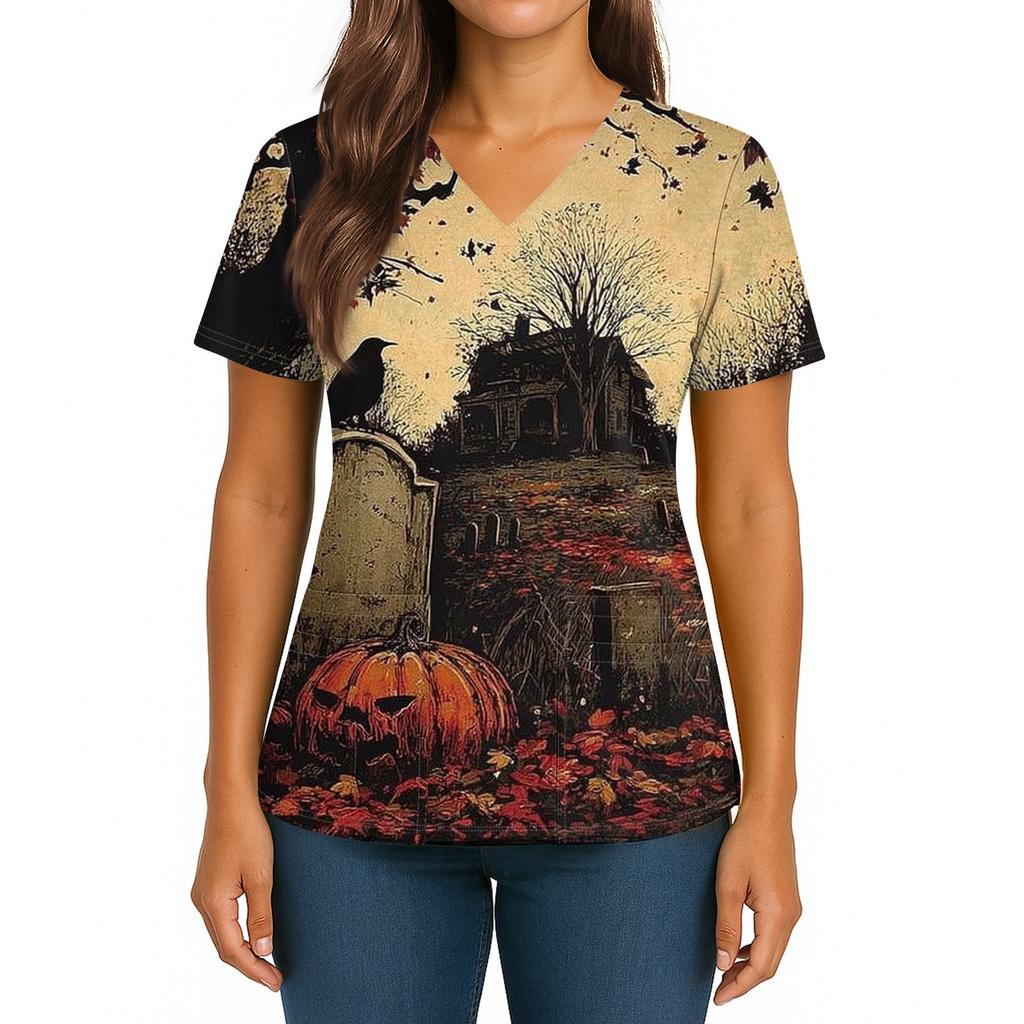 Damen Halloween Bedrucktes V-Ausschnitt Doppel-Taschen Kurzarm Saumschlitz Uniform Pflegekraft Oberteil