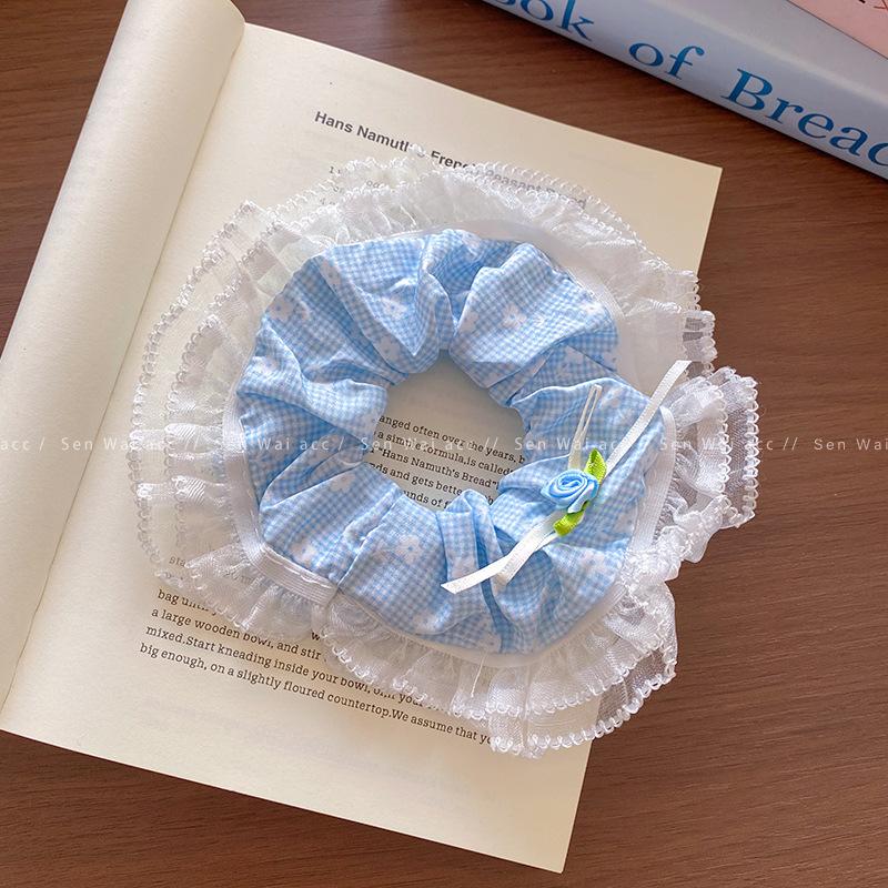 French Lace Floral Blue Bow Large Intestine Hair Band Hair Rope Headband Flower Ball Head Hair Accessories Rubber Band