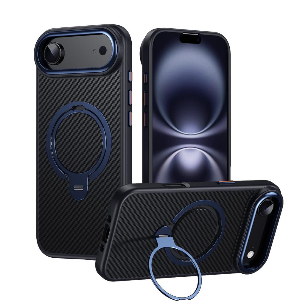 Carbon Fiber Aramid Style for MagSafe Case for iPhone 16 15 14 13 12 17 Pro Max 16e 17 Air Plus Ring Stand Holder Cover LMD004