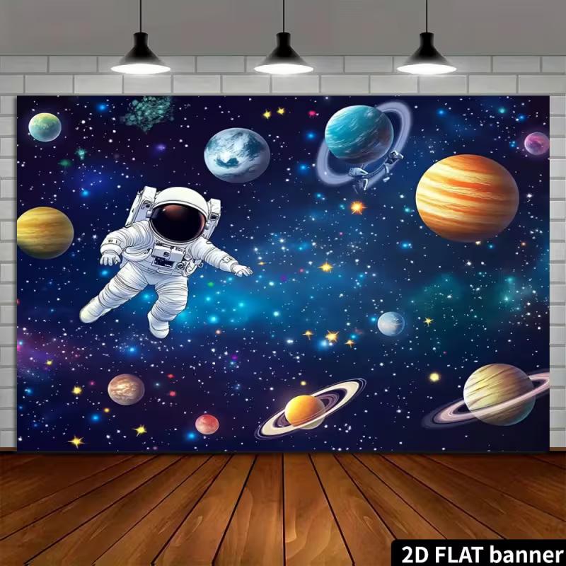 2D Galaxy Outer Space Backdrop - Astronaut & Colorful Planets Banner for Kids Space Themed Party Photoshoot