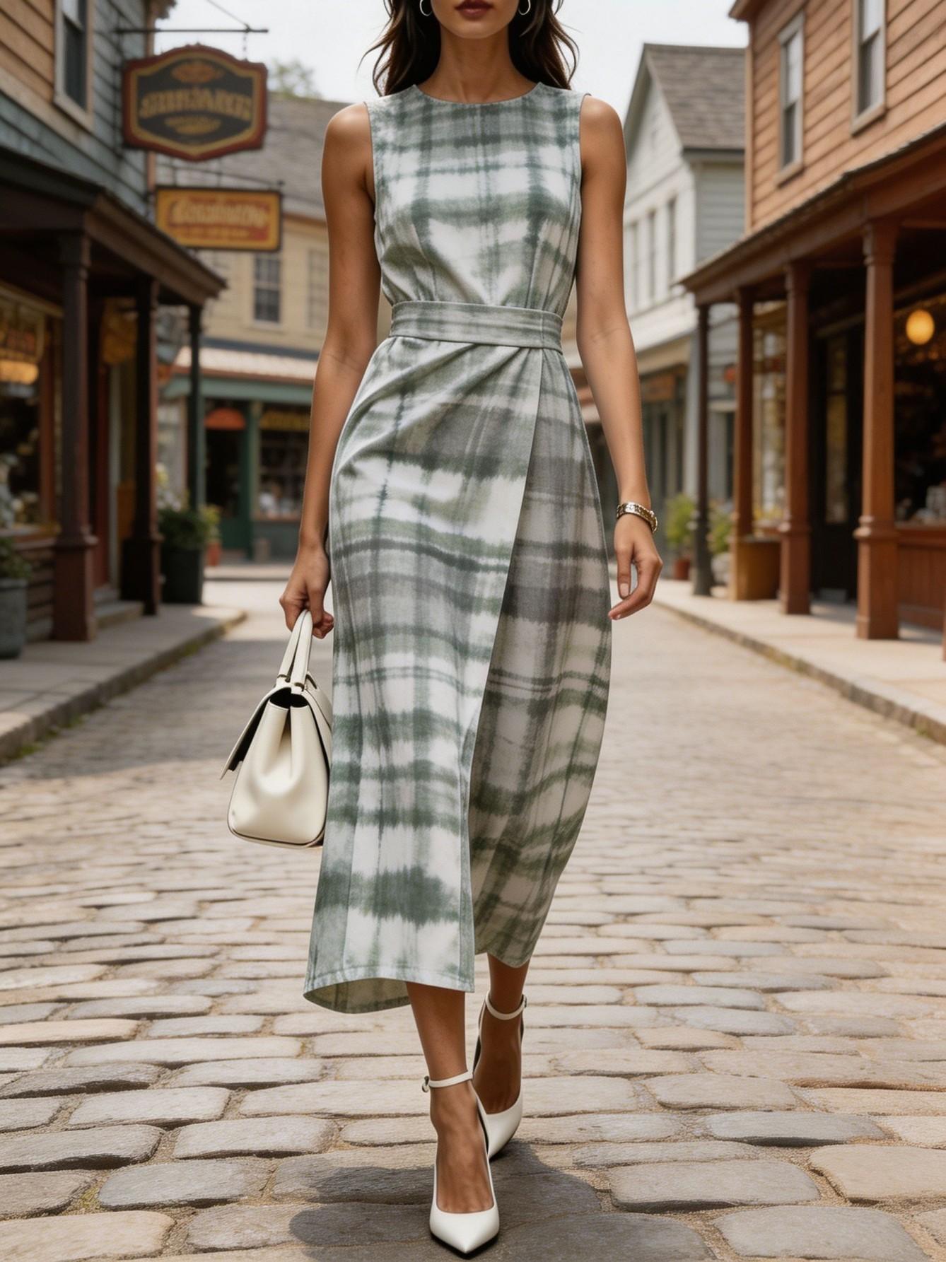 Slim Waist White Green Tie-Dye Plaid Sleeveless Dress, Elegant Midi A-line Office Workwear for Women XXS