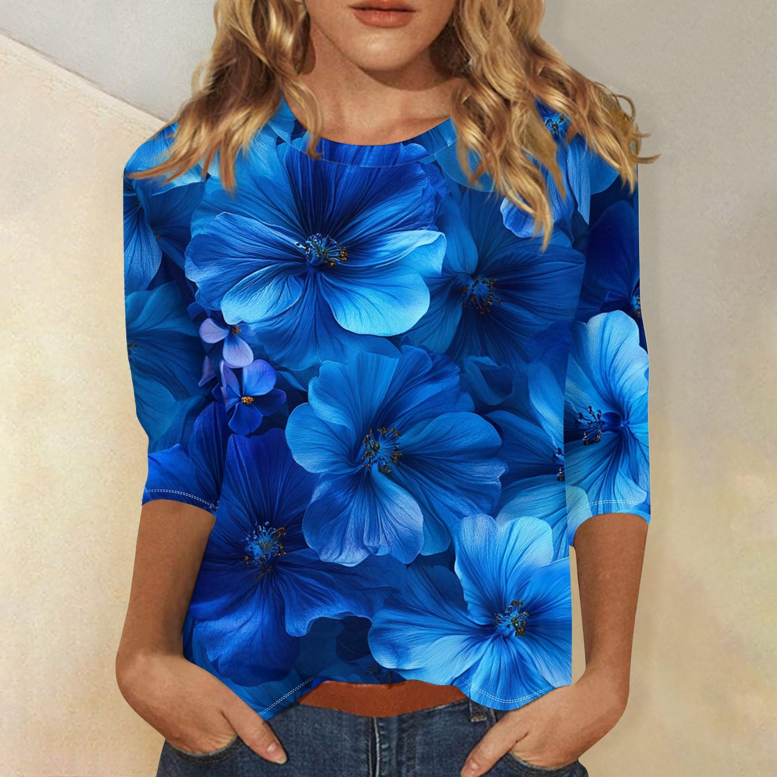 

Женская мода повседневная три четверти рукав цветочный принт круглый вырез пуловер топ XL синий