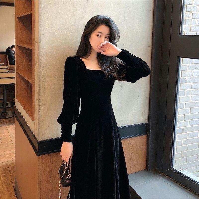 Velvet Square Neck Long-Sleeve Dress - 2022 Spring French Retro Slim Fit, Sexy Mid-Length Skirt