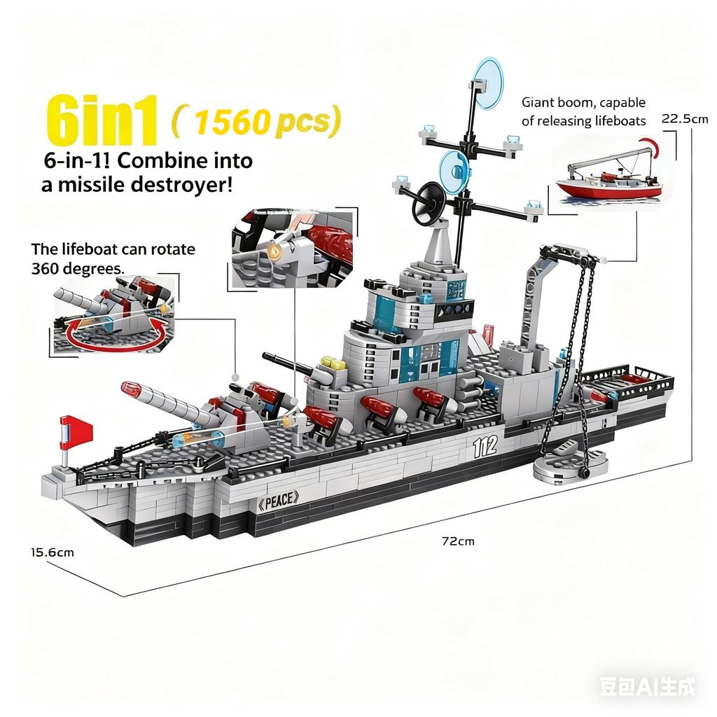 Oversized Military Warship Destroyer Ship Assembly Model 6In1 Multi Form Combination Building Blocks Boys Toy Birthday Gift