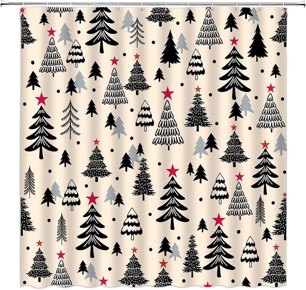 Christmas Tree Shower Curtain Blue Cute Xmas Tree Stars Cartoon Winter Holiday Merry Christmas New Year Bathroom Decor