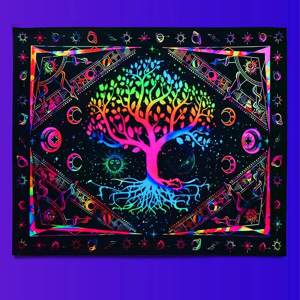 Psychedelic Black Light Colorful Tree of Life Fluorescent Tapestry UV Response Wall Hanging Hippie  Room Decoration