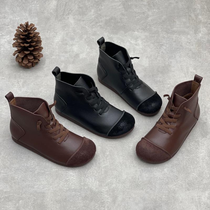 Autumn and winter new cowhide short boots literary and retro style soft leather soft bottom velvet warm leather Martin boots