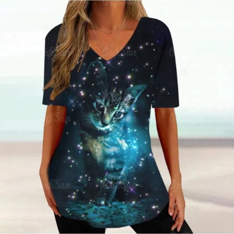 Summer V-neck 3D Cartoon Cat Printed Top Fashionable Casual Short Sleeved Women's T-shirts