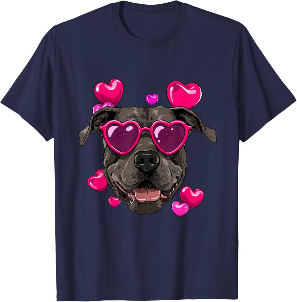 Pit Bull Dog Valentines Day Heart Sunglasses Graphic T-Shirt Soft Cotton Casual Tee