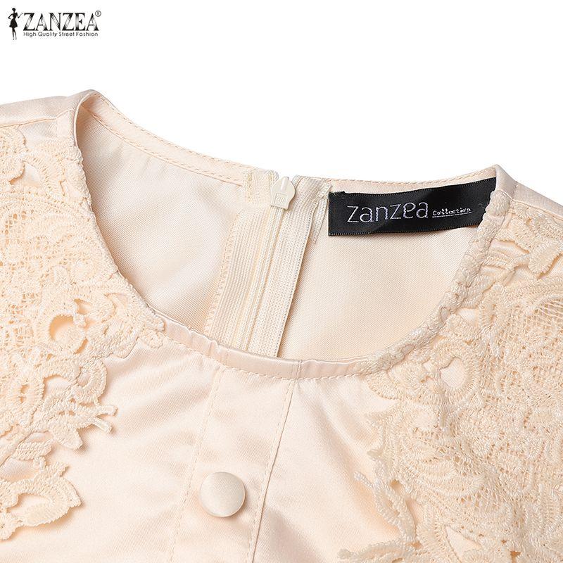 ZANZEA Women Casual Round Neck Short Sleeve Lace Crochet Patchwork Dress