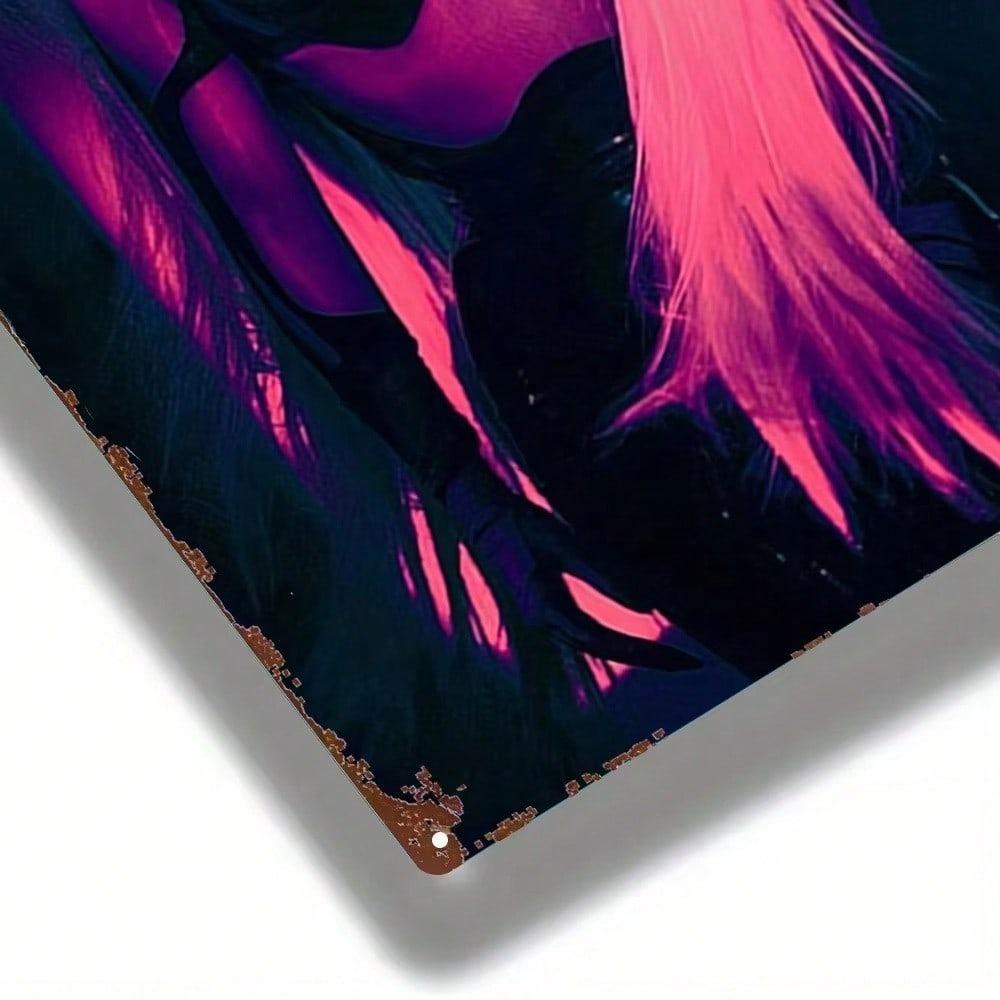 2D Mystic Girl Metal Sign Vintage Wall Art Black Lace Pink Hair Home Decor Bedroom Living Room 8x12 Inch