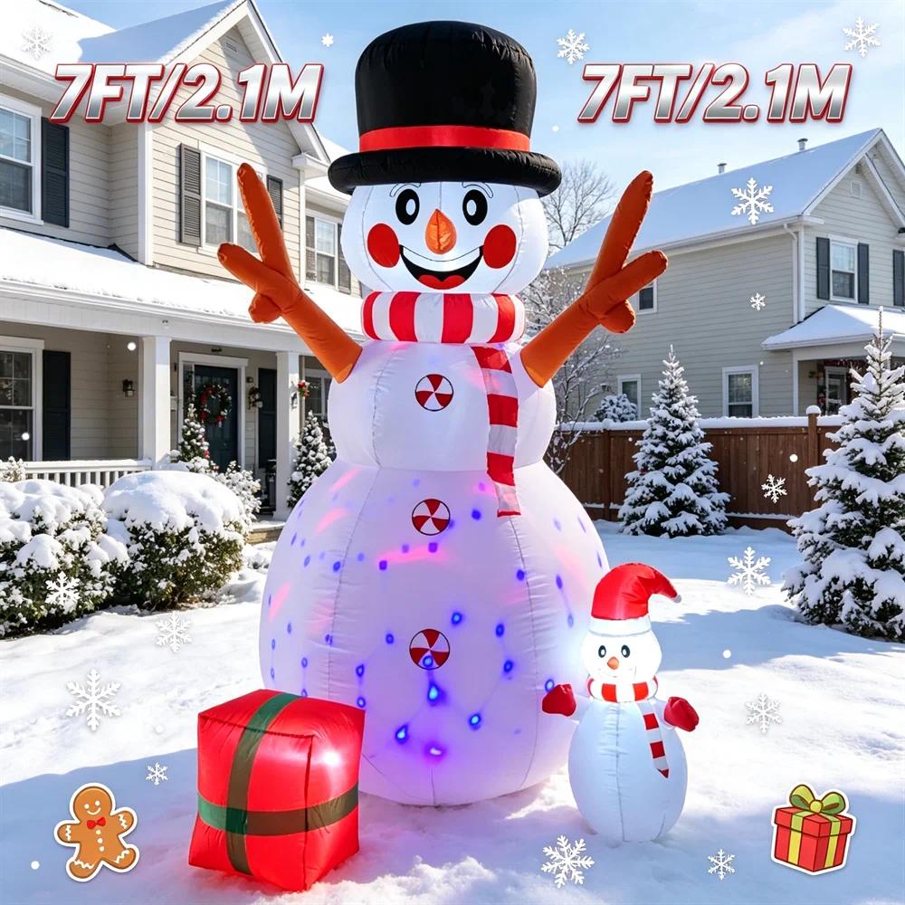 7FT/2.1M Inflatable Snowman Set with Lights and Red Gift Box, Christmas Outdoor Yard Decoration