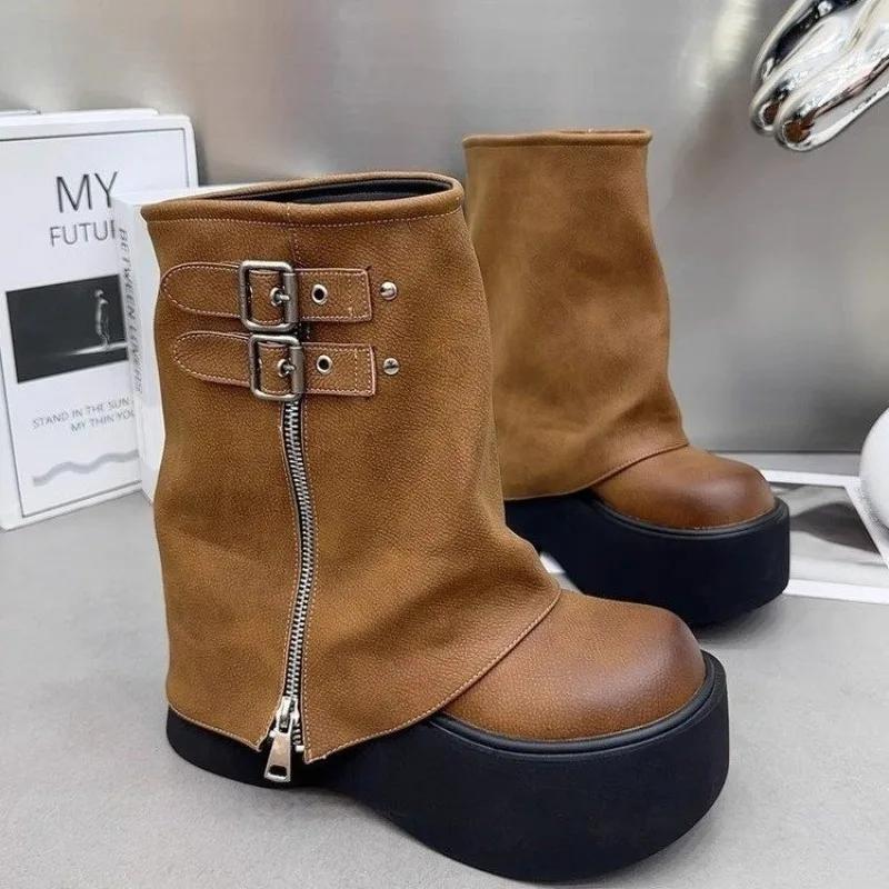 Hot Girl Style Black Brown Round Toe Boots Platform Women Knee High Boots Belt Buckle Slip On Design Side Zipper Knight Boots
