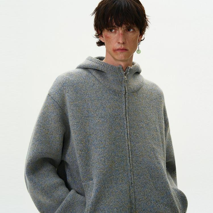 Unisex americký retro šedý kardigan s kapucí - Volný, ležérní pletený svetr na podzim/zimu