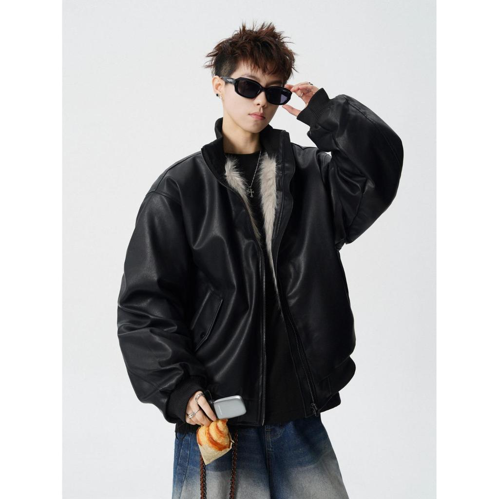 Men's American Retro PU Leather Cotton Jacket - Hong Kong Style, Autumn/Winter, High-End Trend, Loose Fit, Short Stand-Up Collar