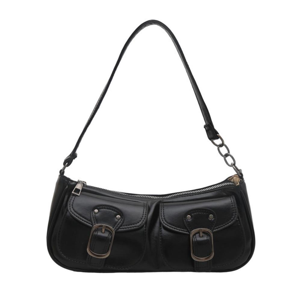 Fashion Double Pocket Shoulder Bag Glossy PU Leather Top Handle Bag Zipper Solid Color Underarm Bag Women
