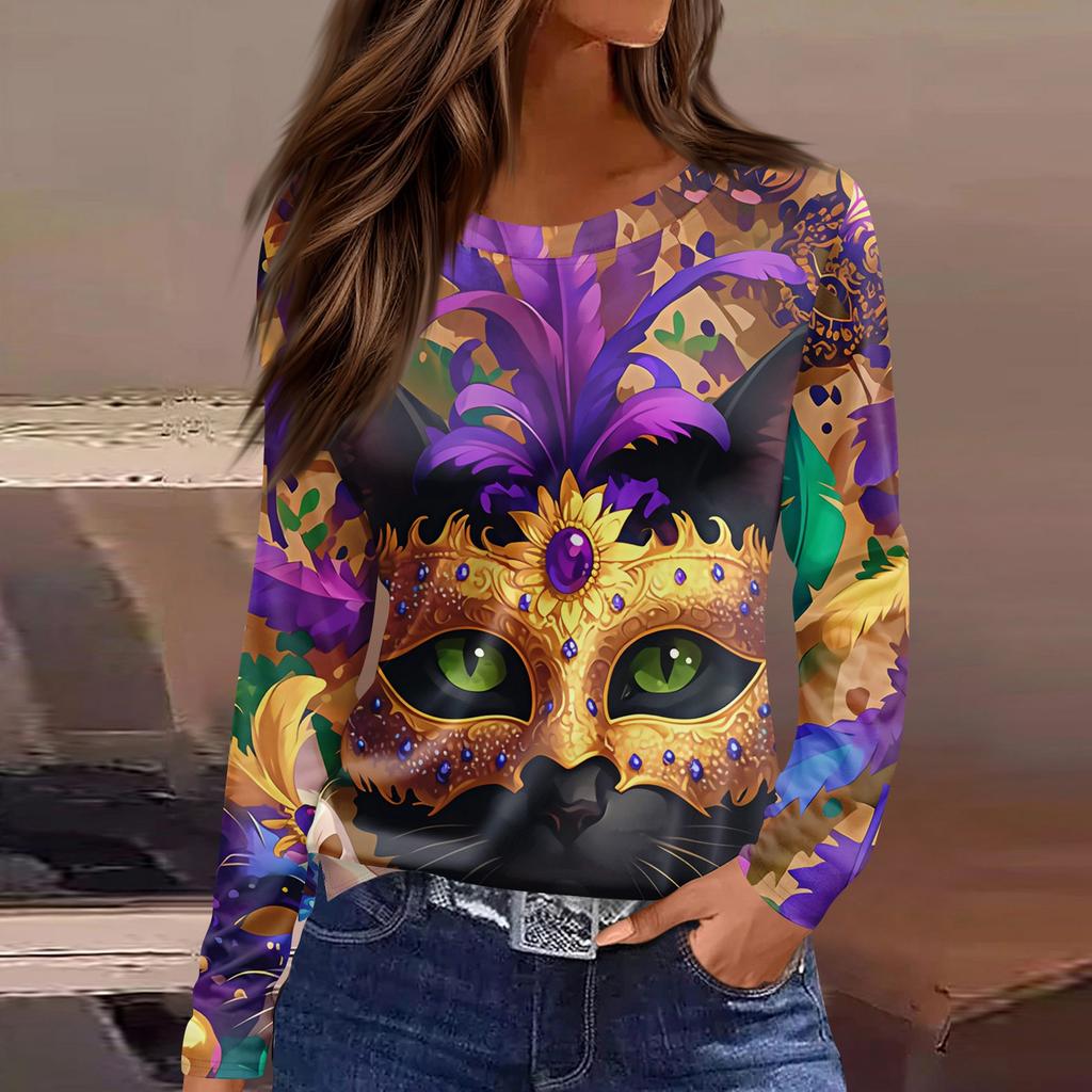 Women's Fashion Casual Slit Hem Round Neck Long Sleeve Loose Printed T-Shirt Top