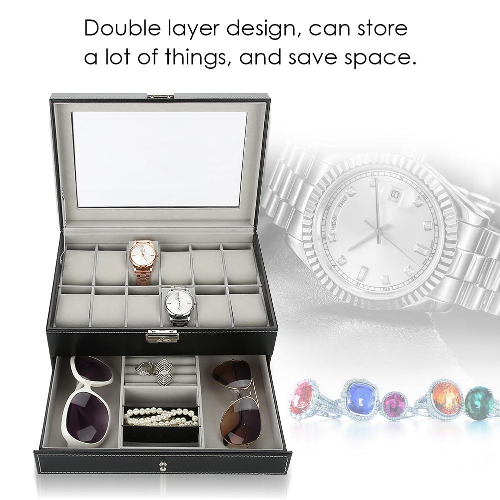 Double Layer PU Lther Wood Watch Holder, Watch Display Case Jewelry  Storage Box, Wristwatch Display Case for Rings rrings Bracelet Necklace 11.8 X 8.