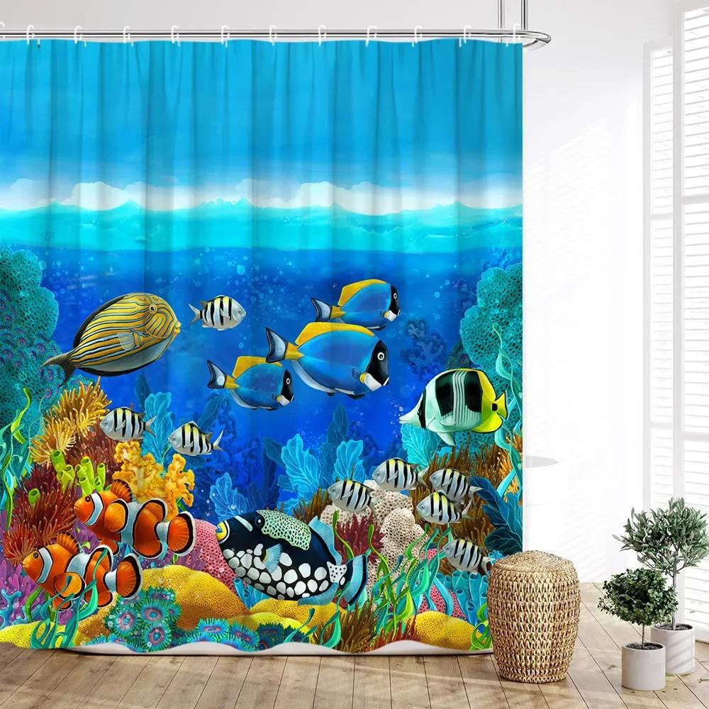 Ocean Animal Shower Curtain, Underwater Whale Coral Tropical Fish Wave Fish Blue Kids Boys Print Bathroom Decoration