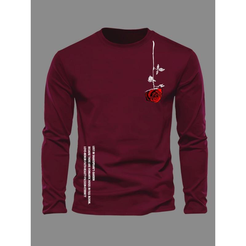 Herren langärmliges rundhalsiges lockeres lässiges T-Shirt-Oberteil mit Rosen-Buchstaben-Aufdruck für Frühling und Herbst, vielseitig