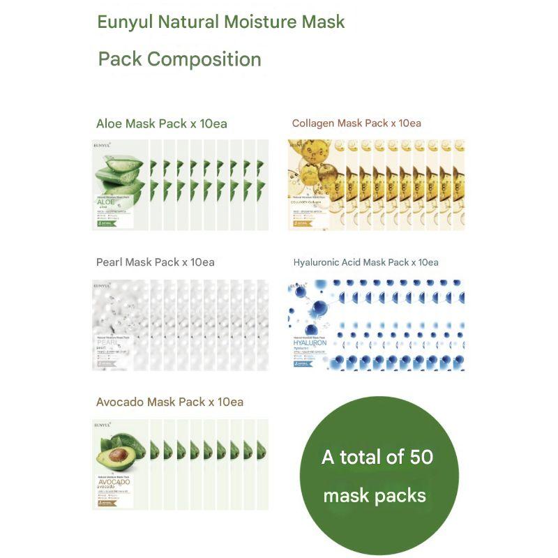 Eunyul Natural Moisture Mask Pack Set – Aloe 10pcs + Collagen 10pcs + Pearl 10pcs + Hyaluron 10pcs + Avocado 10pcs (Total 50pcs, 1 Set)