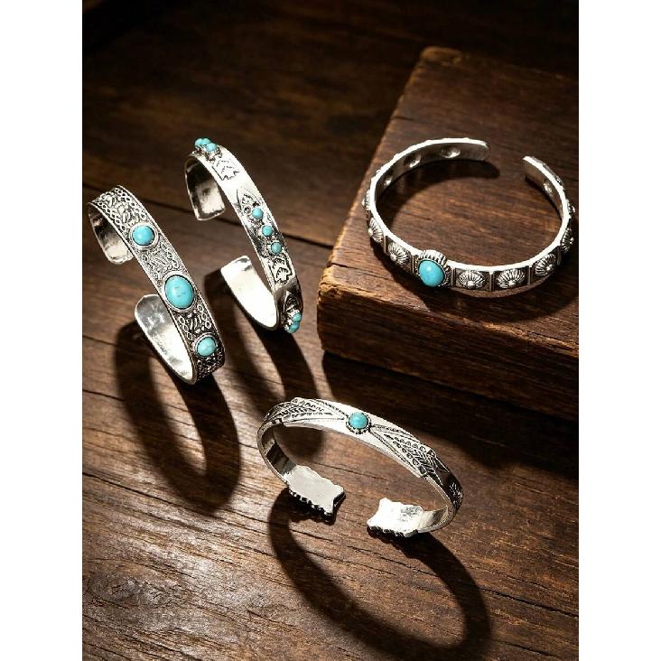 4pcs Fashion Vintage Bohemian Western Style Turquoise Inlaid Bracelets, Women's Fashion Gift Jewelry