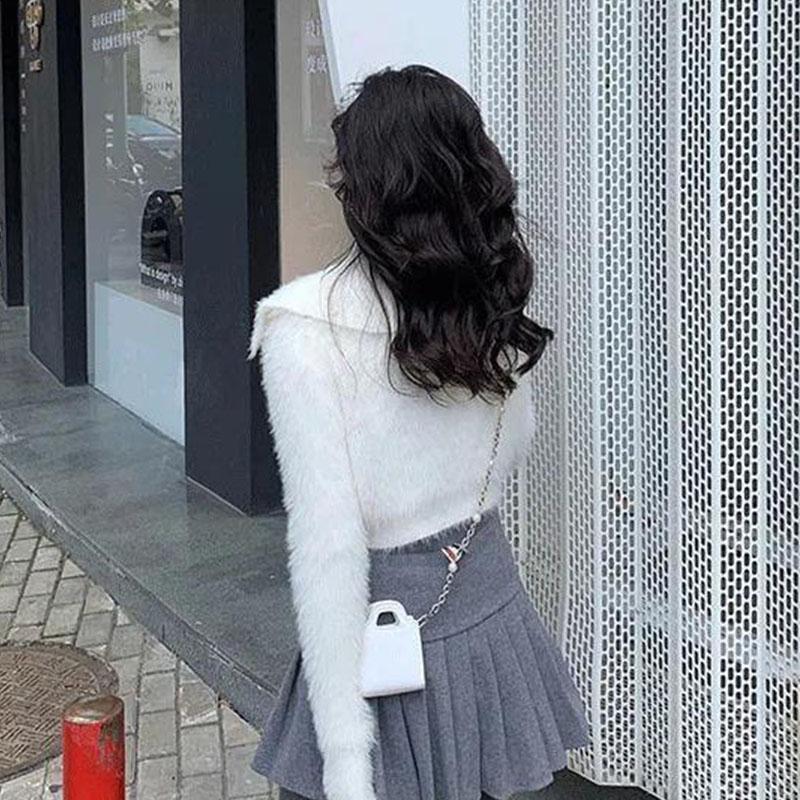 Mink Fleece Cardigan Sweater Women Polo Short Soft Waxy Autumn Solid Diamond Button Knitted Cardigan Small Fragrant Sweater Coat