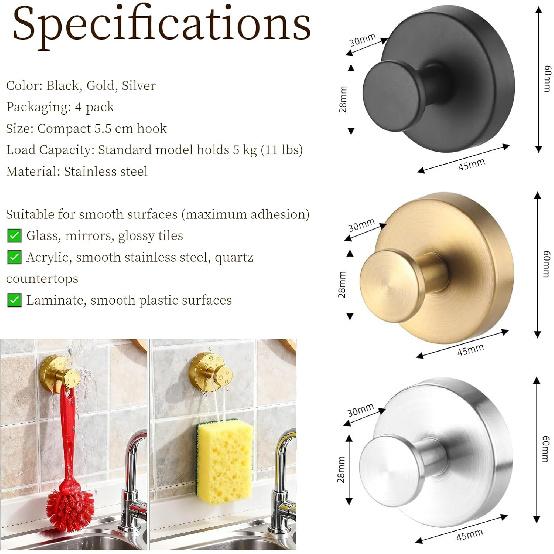 Suction Cup Hooks Removable Shower Hooks, 4Pcs Metal Towel Hooks for Bathroom Window Glass Wall Door Can Hang Various Towels Bath Towels Keycha,